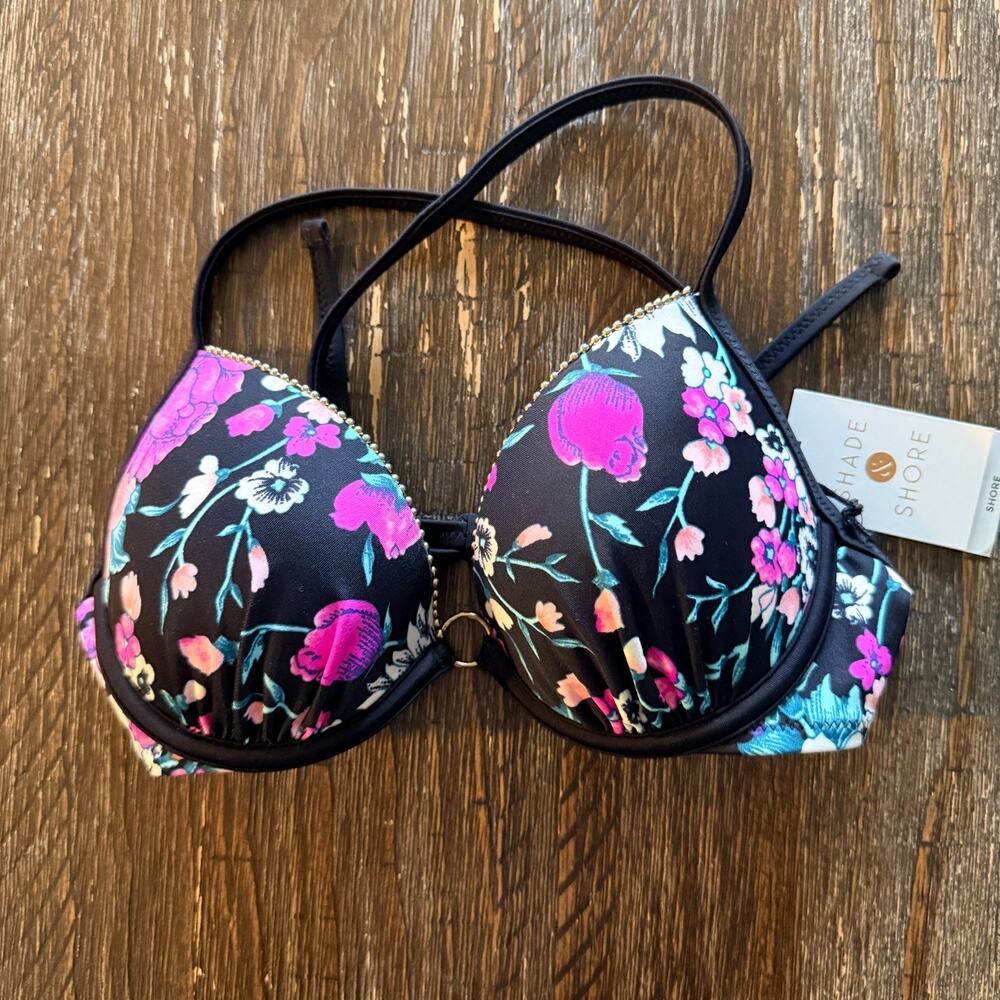 Shade and Shore Bikini Top 32A, Floral, Padded, Flattering, Gold Beaded Trim